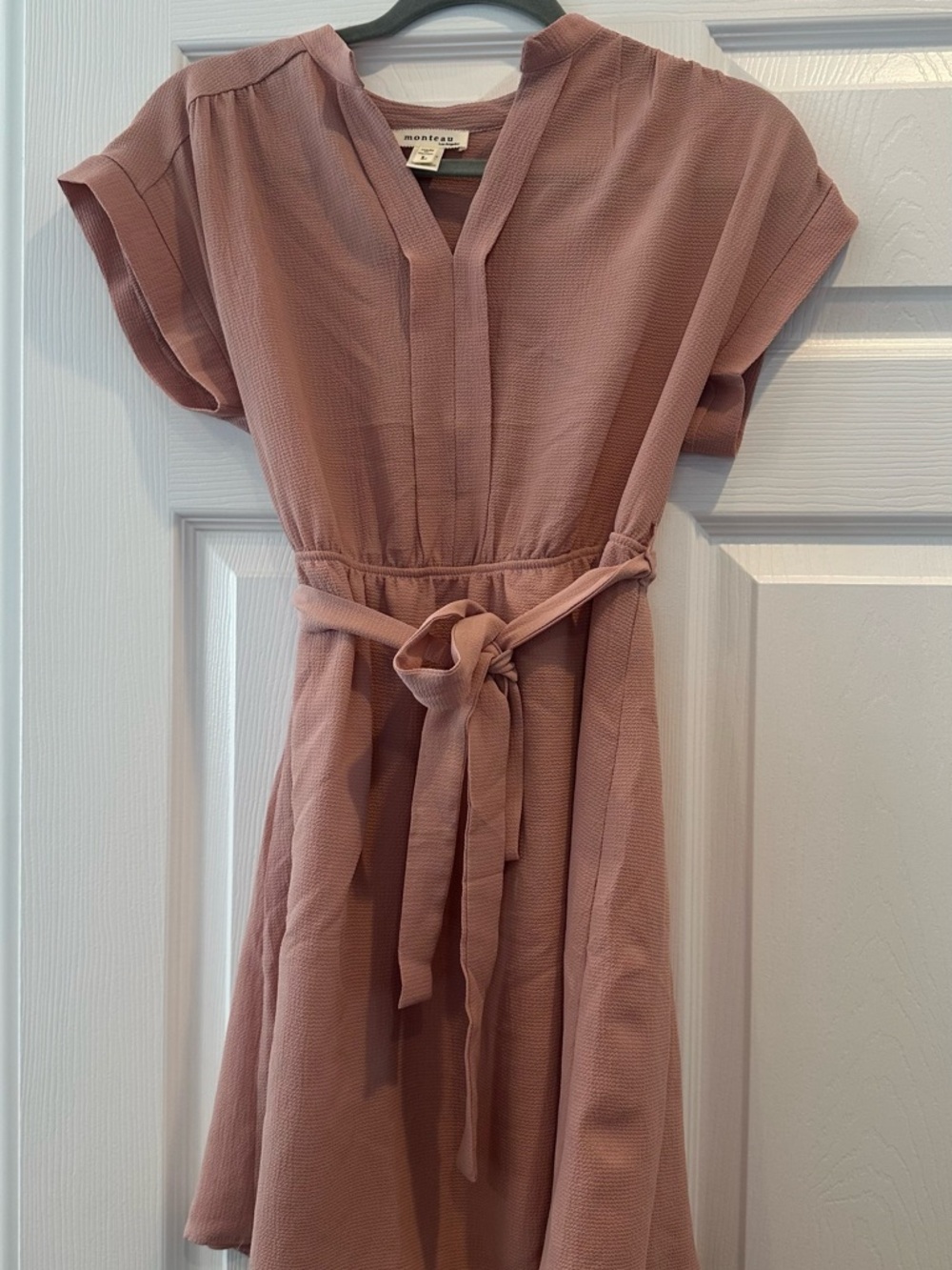 Monteau Mauve-Pink Tie-Waist Short Sleeve Mini Dress